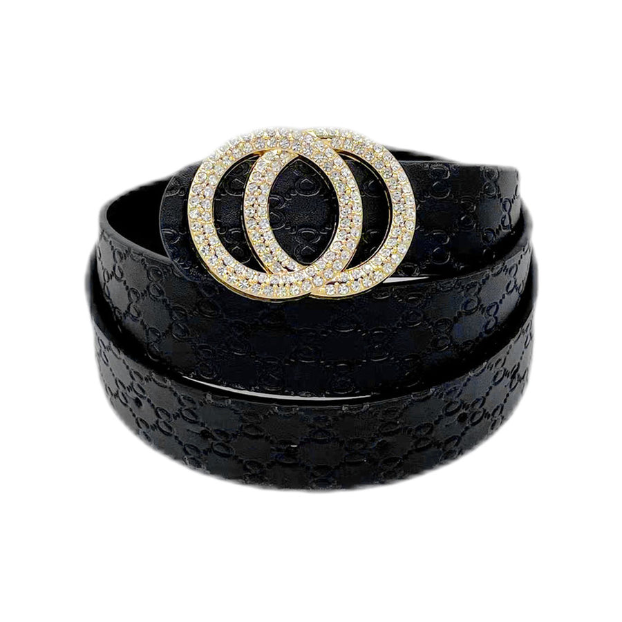 Tan Embellished Rhinestone Double Open Circle Link Buckle Belt