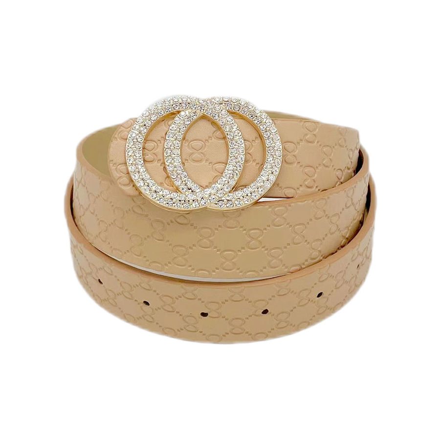 Tan Embellished Rhinestone Double Open Circle Link Buckle Belt