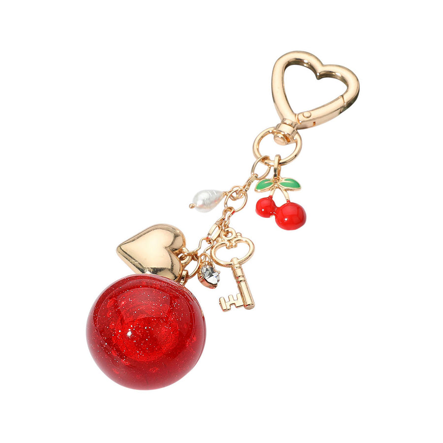 Enamel Cherry Pearl Heart Key Keychain Bag Charm