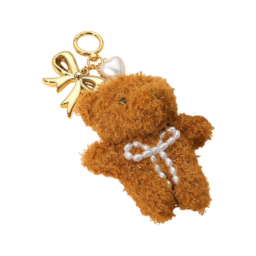 Brown Pearl Heart Bow Charm Teddy Bear Plush Doll Keychain Bag Charm