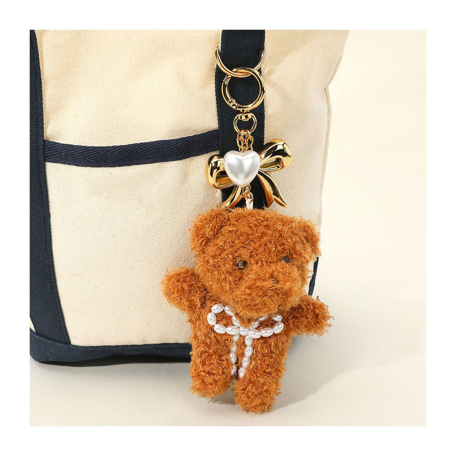 Brown Pearl Heart Bow Charm Teddy Bear Plush Doll Keychain Bag Charm