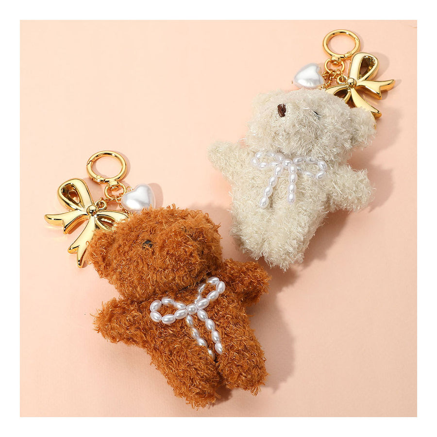 Brown Pearl Heart Bow Charm Teddy Bear Plush Doll Keychain Bag Charm