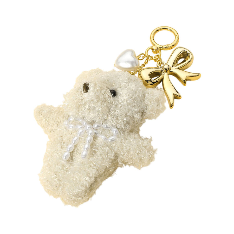 Brown Pearl Heart Bow Charm Teddy Bear Plush Doll Keychain Bag Charm