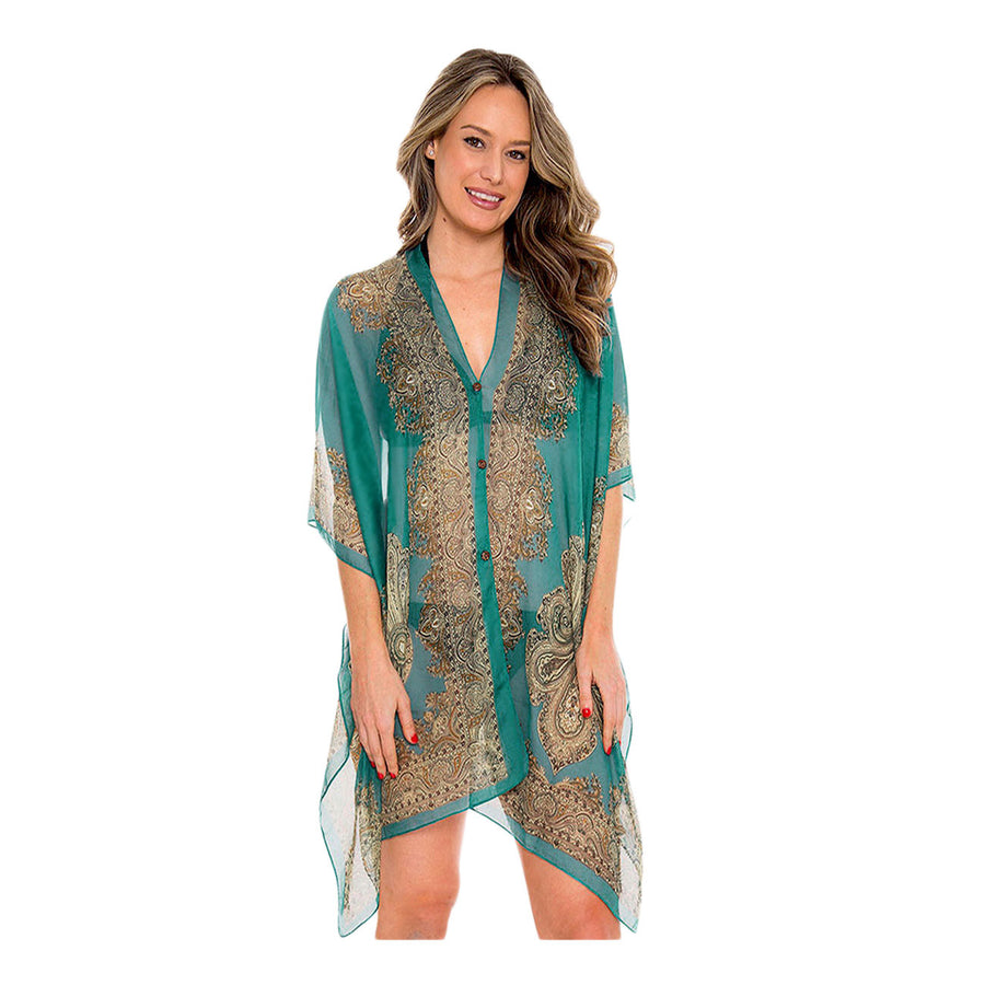 Green Paisley Print Button Cover Up