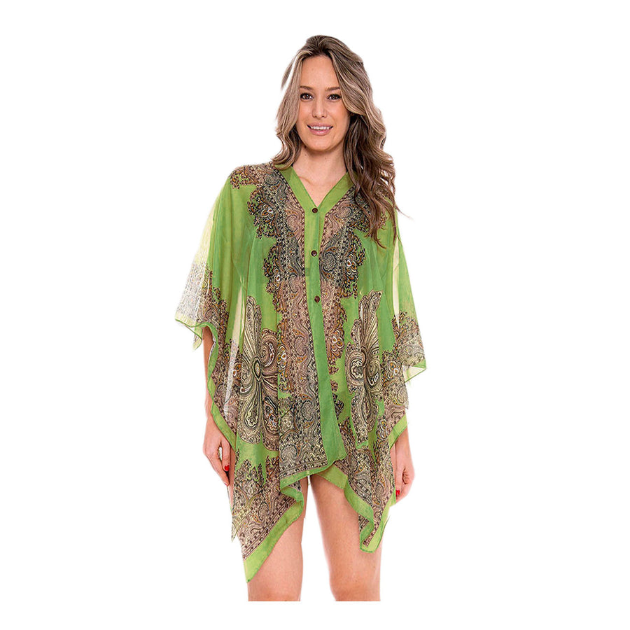 Green Paisley Print Button Cover Up