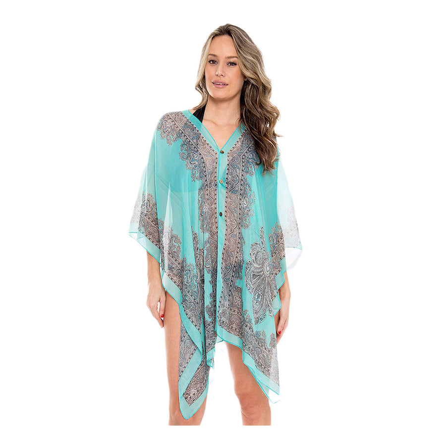 Green Paisley Print Button Cover Up