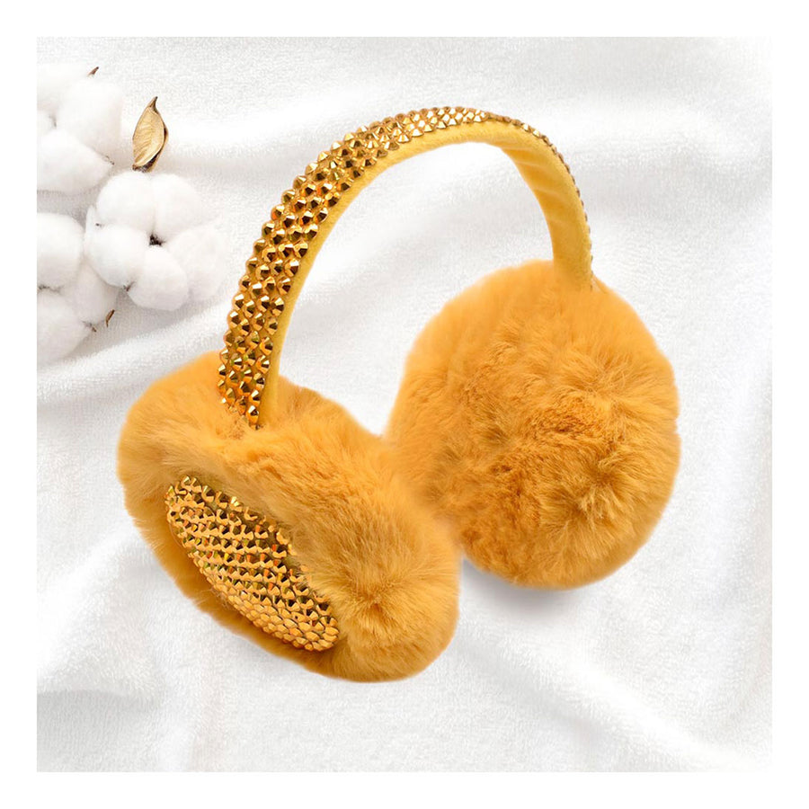 Mustard Yellow Studded Fluffy Plush Fur Foldable Earmuff