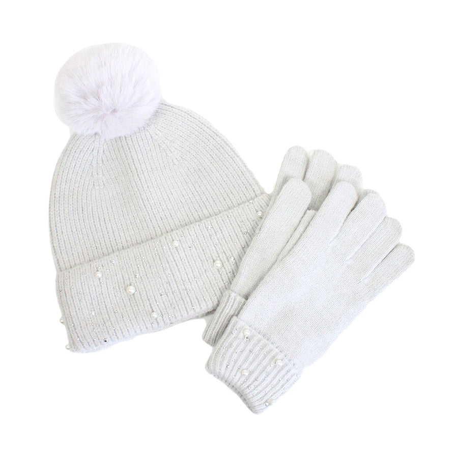 Pink Pearly Pom Pom Beanie Hat Gloves Set