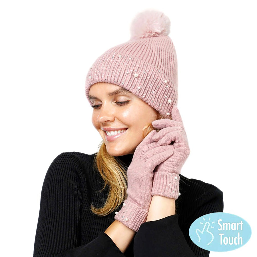 Pink Pearly Pom Pom Beanie Hat Gloves Set