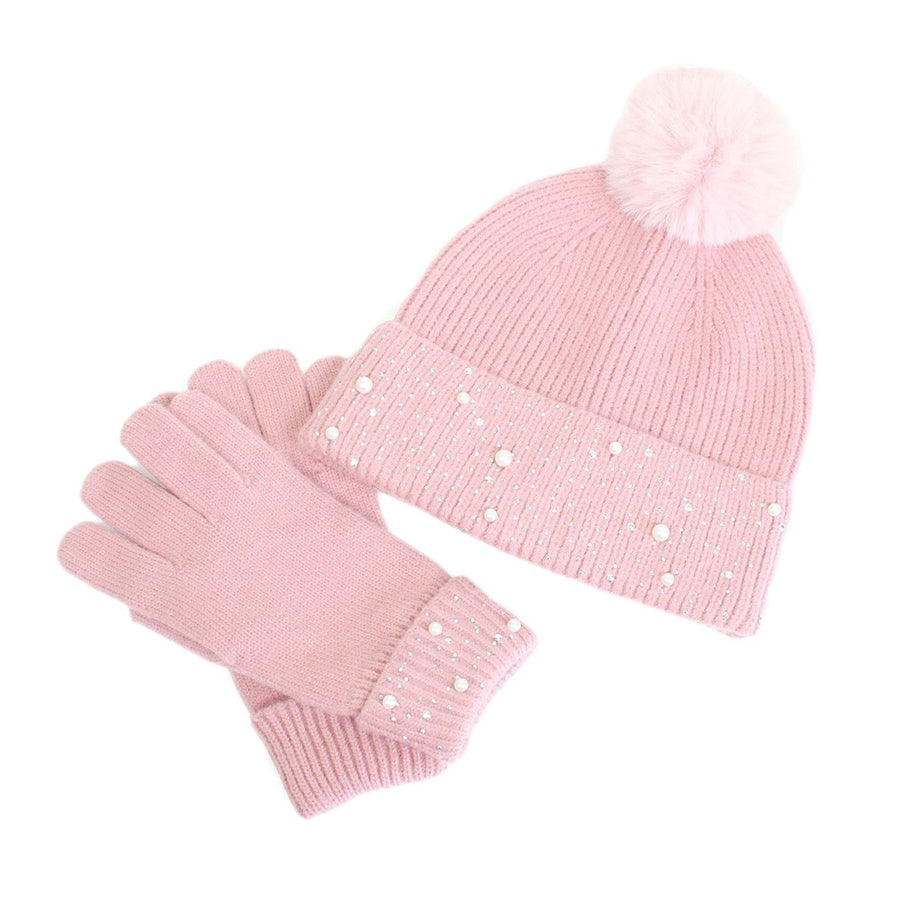 Pink Pearly Pom Pom Beanie Hat Gloves Set