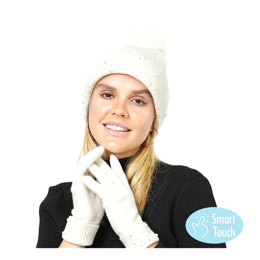 Pink Pearly Pom Pom Beanie Hat Gloves Set