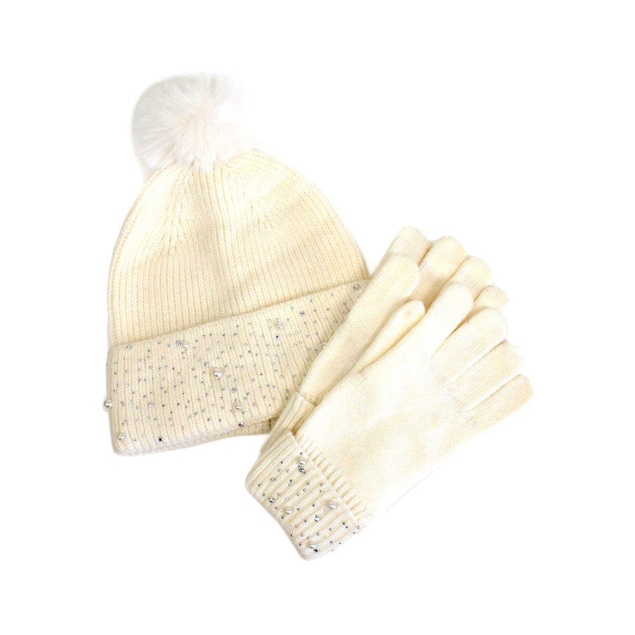 Pink Pearly Pom Pom Beanie Hat Gloves Set