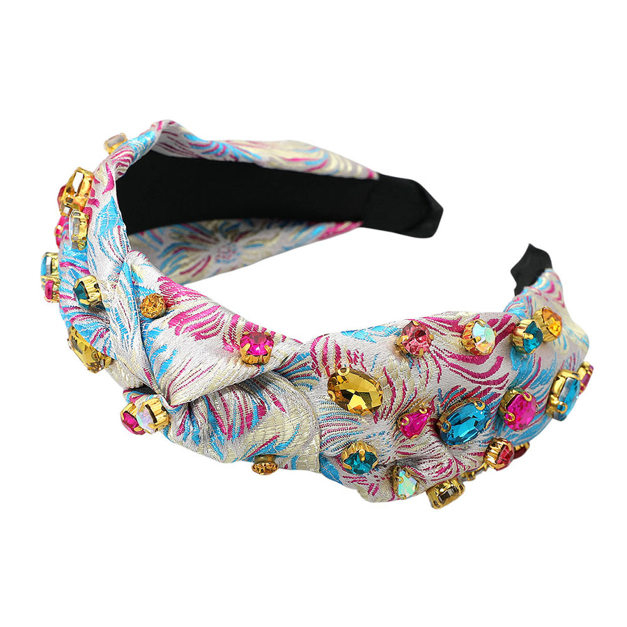 Multi Neutral Stone Cluster Embellished Jacquard Knot Headband