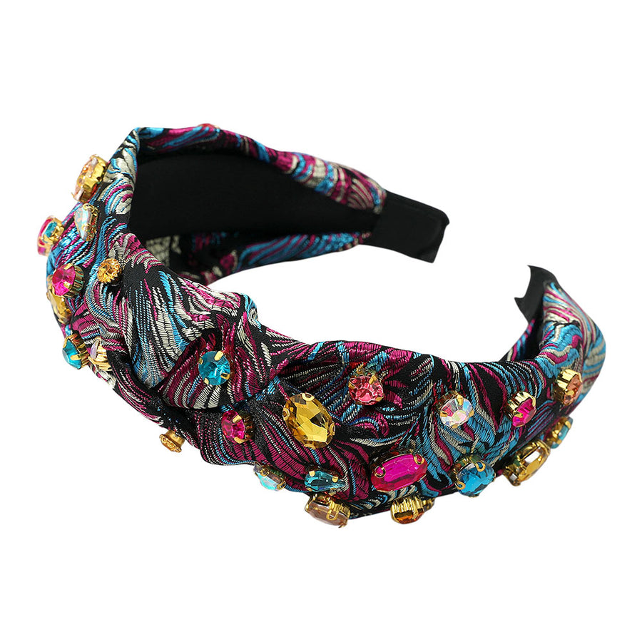 Multi Neutral Stone Cluster Embellished Jacquard Knot Headband