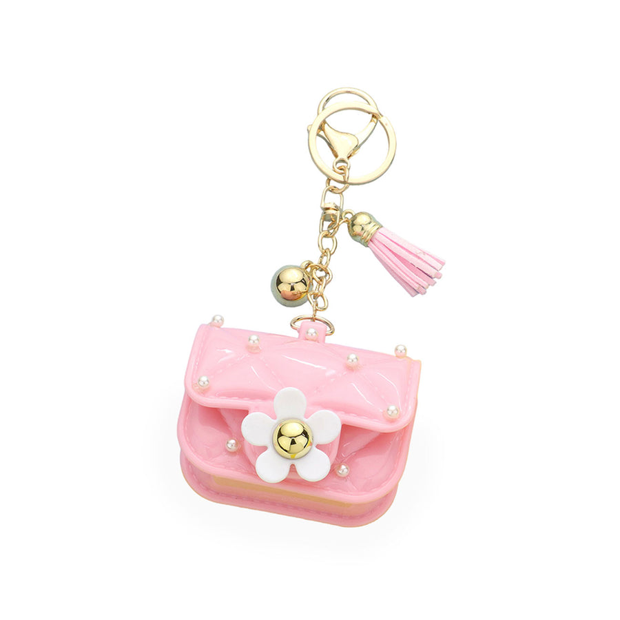 Pink Daisy Flower Pearl Embellished Bag Tassel Keychain Charm