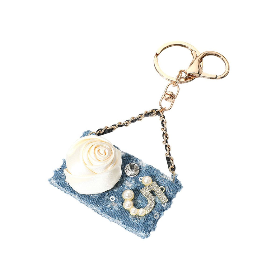 Blue Fabric Flower Pearl Keychain Bag Charm
