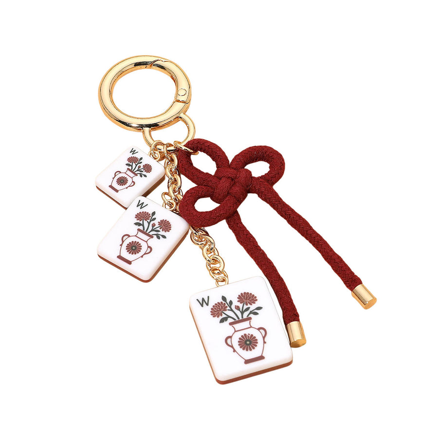 Burgundy Mahjong Tile Charm Decorative Bow Knot Bag Accessory Keychain ...