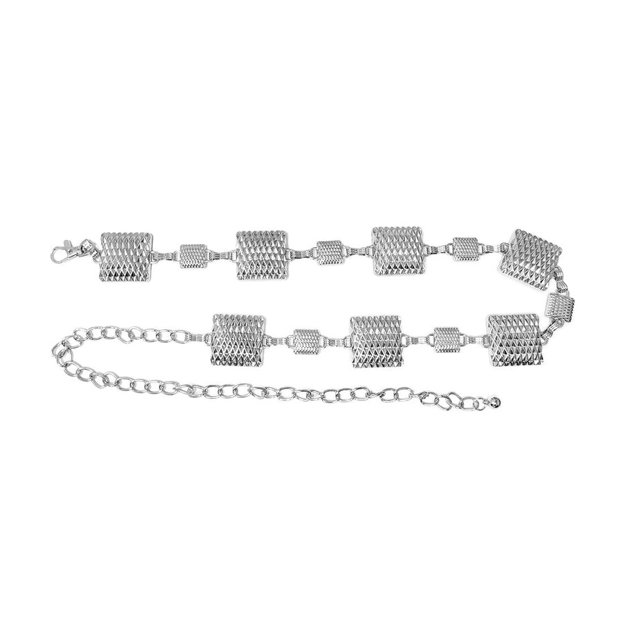 Silver Textured Metal Square Link Chain Waist Belt