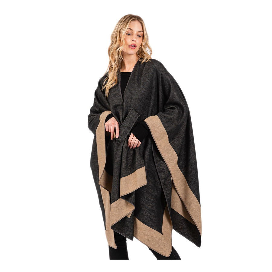 Taupe Two Tone Pull Through Shawl Ruana Poncho