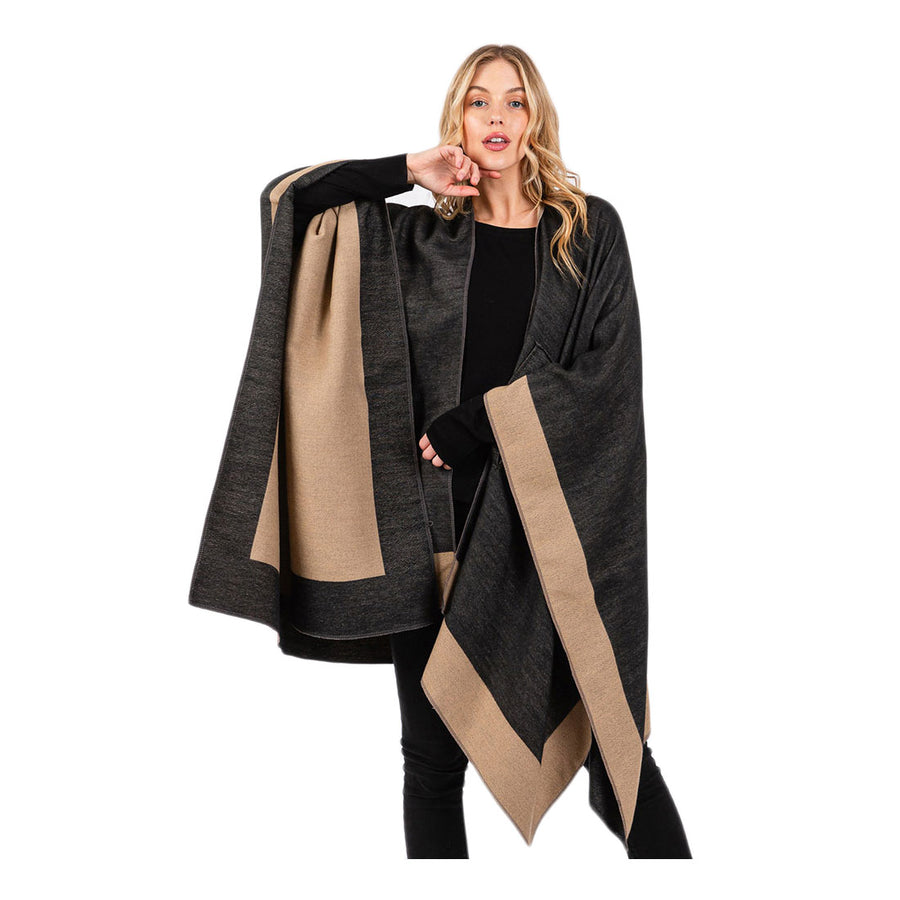 Taupe Two Tone Pull Through Shawl Ruana Poncho