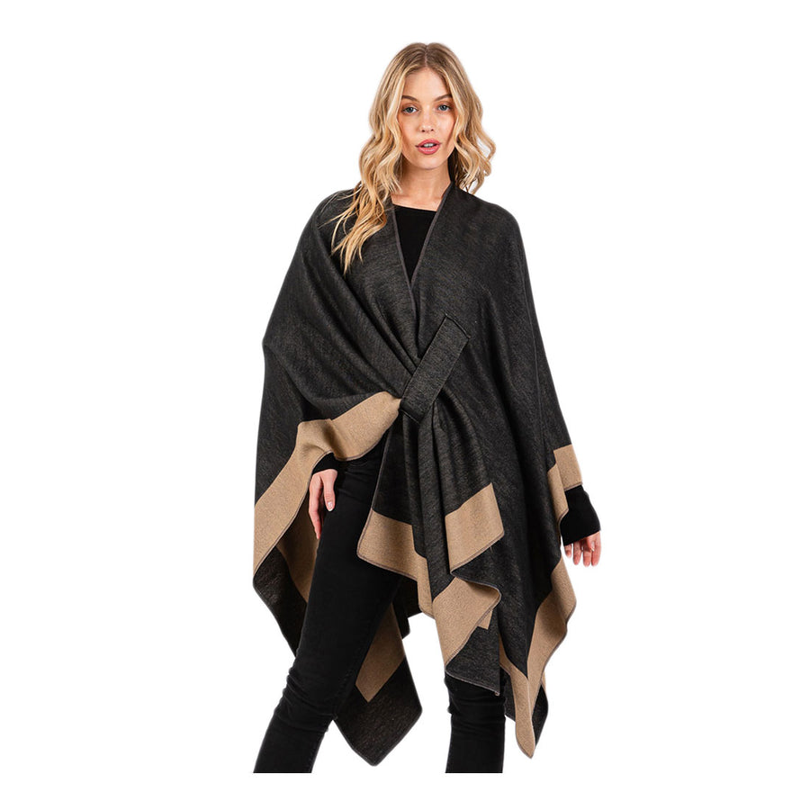 Taupe Two Tone Pull Through Shawl Ruana Poncho