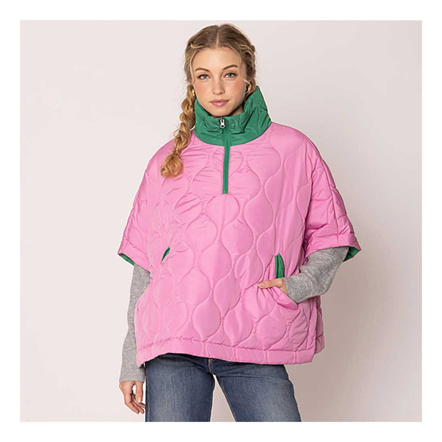 Pink Quilted Short Sleeves Puffer Pullover Poncho