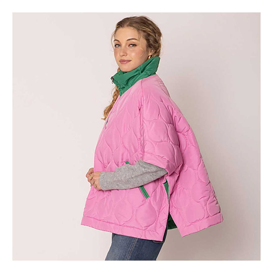 Pink Quilted Short Sleeves Puffer Pullover Poncho