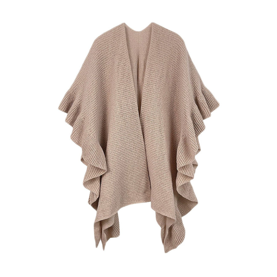 Chic Beige Reversible Ruffle Sleeves Knit Ruana Poncho