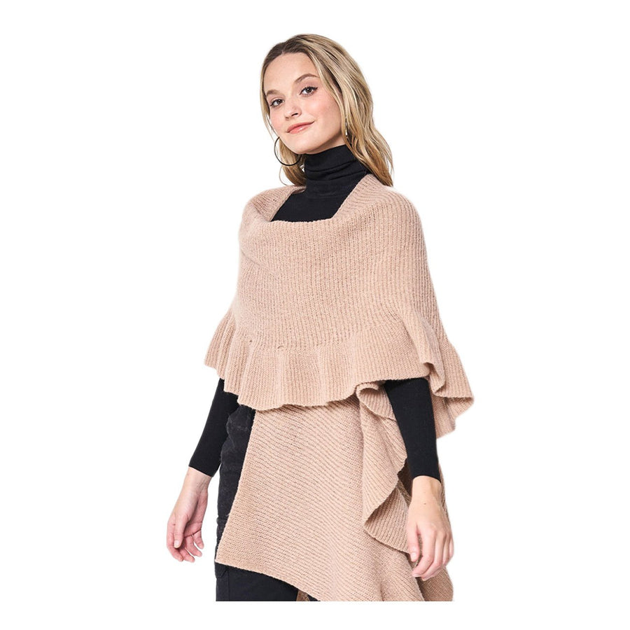 Chic Beige Reversible Ruffle Sleeves Knit Ruana Poncho