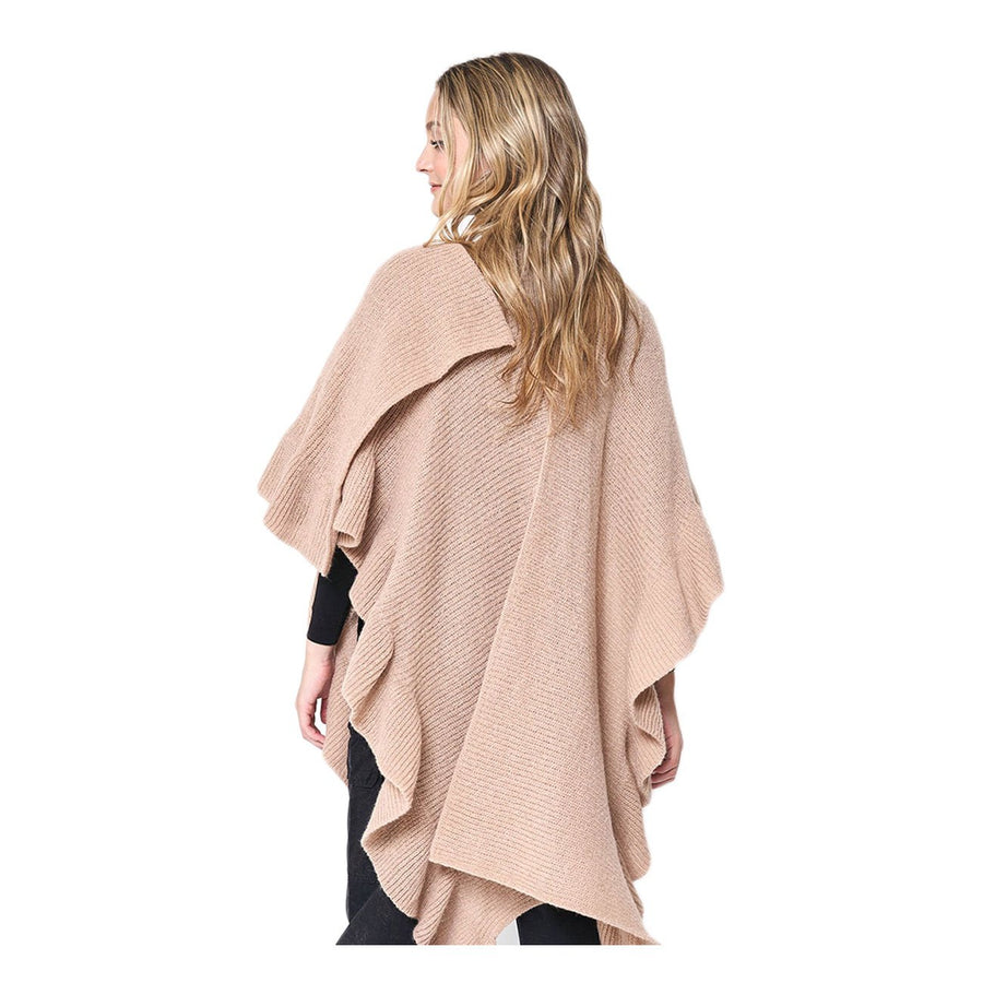 Chic Beige Reversible Ruffle Sleeves Knit Ruana Poncho