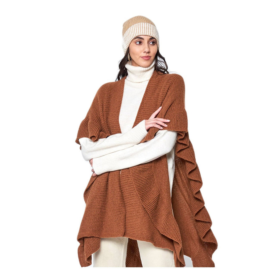 Chic Beige Reversible Ruffle Sleeves Knit Ruana Poncho