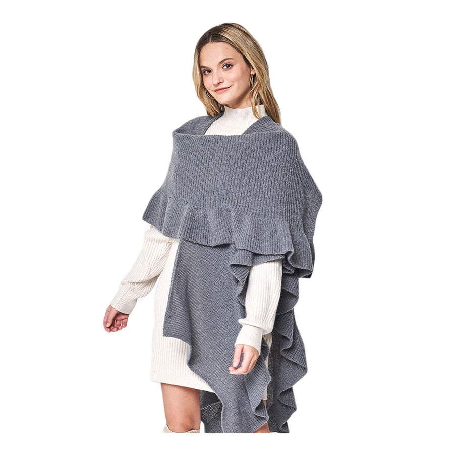 Chic Beige Reversible Ruffle Sleeves Knit Ruana Poncho