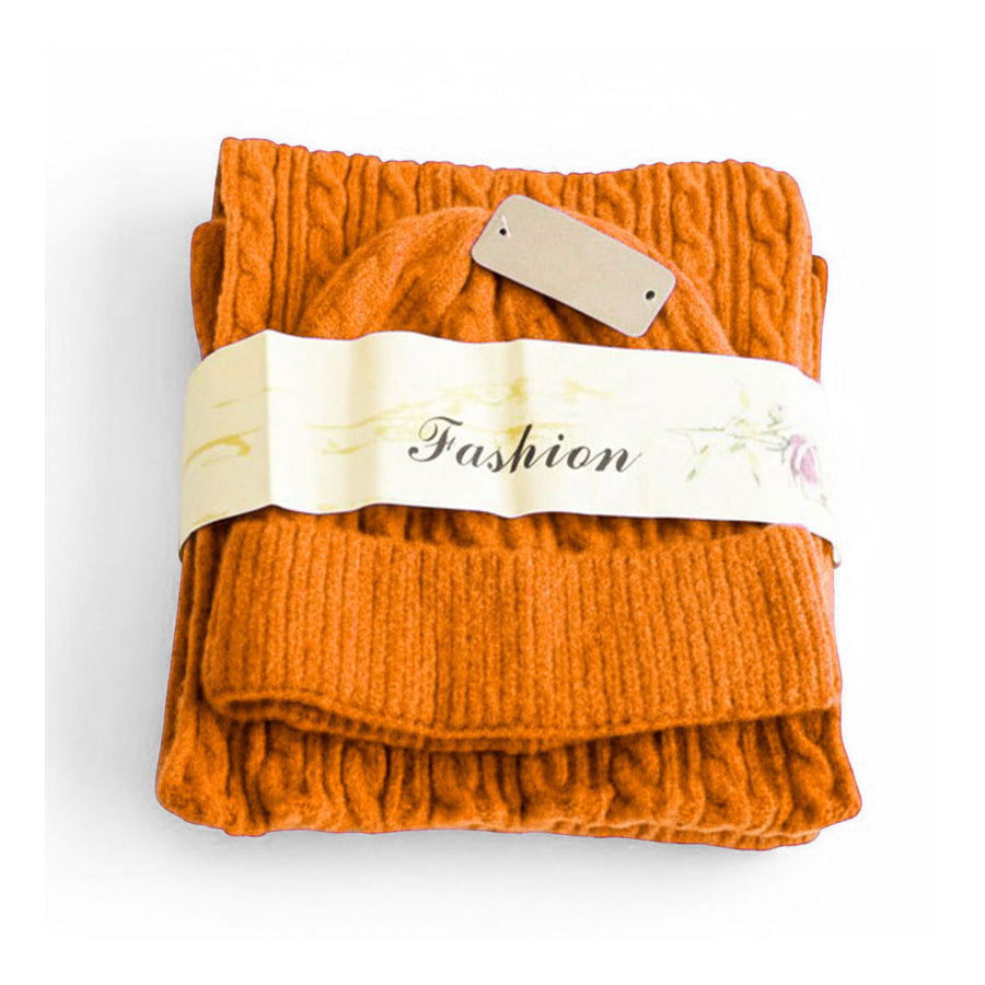 Orange Cable Knit Scarf Beanie Hat Set
