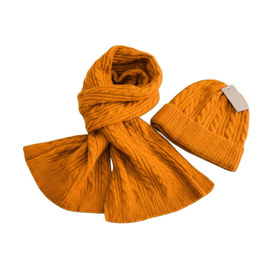 Orange Cable Knit Scarf Beanie Hat Set