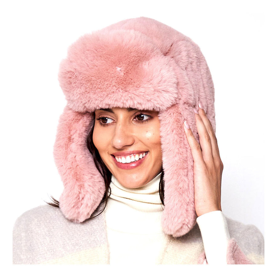 Stylish Pink Faux Fur Trapper Hat