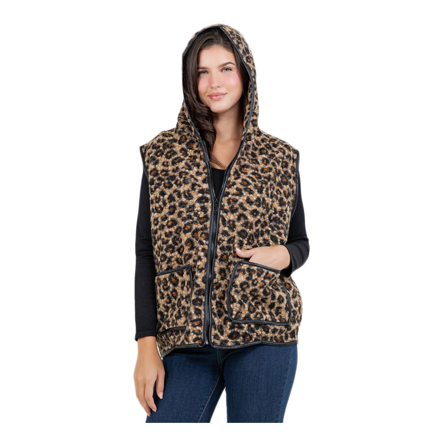 Sherpa Camel Leopard Print Zip Front Vest