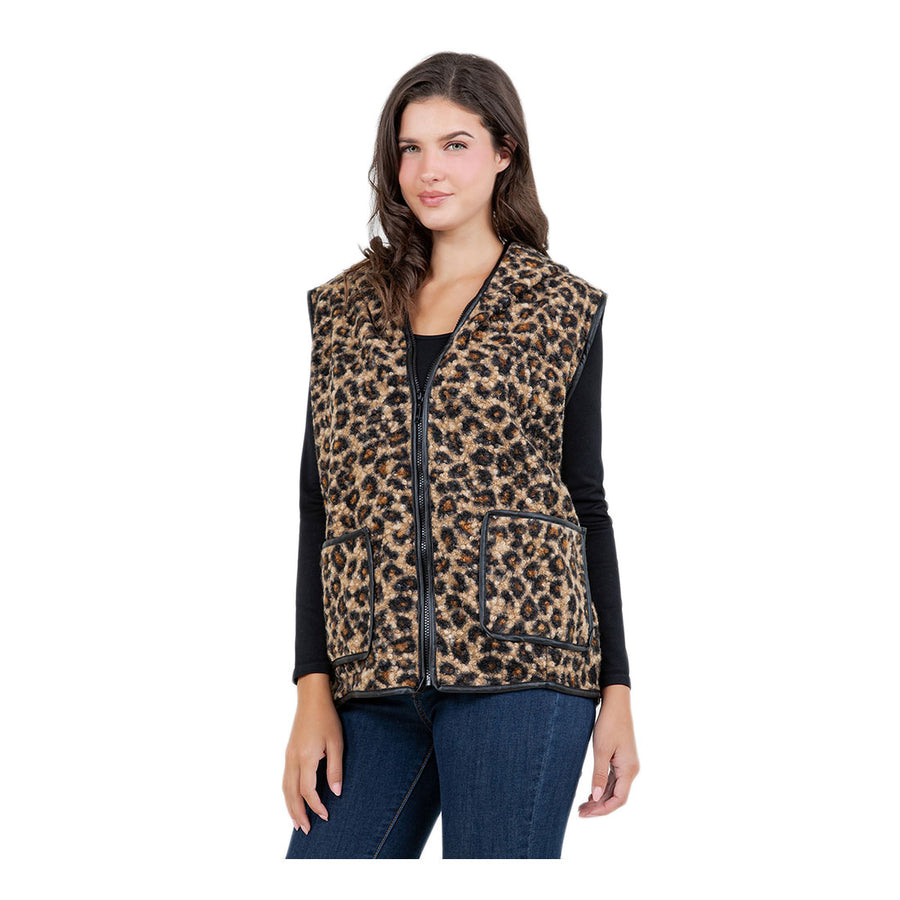 Sherpa Camel Leopard Print Zip Front Vest