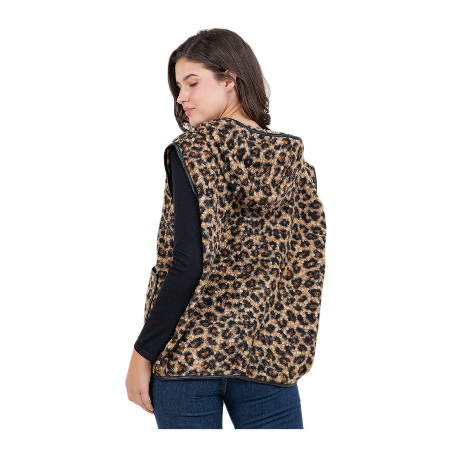 Sherpa Camel Leopard Print Zip Front Vest
