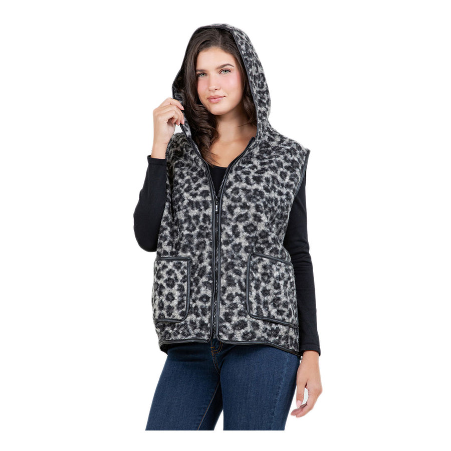 Sherpa Camel Leopard Print Zip Front Vest