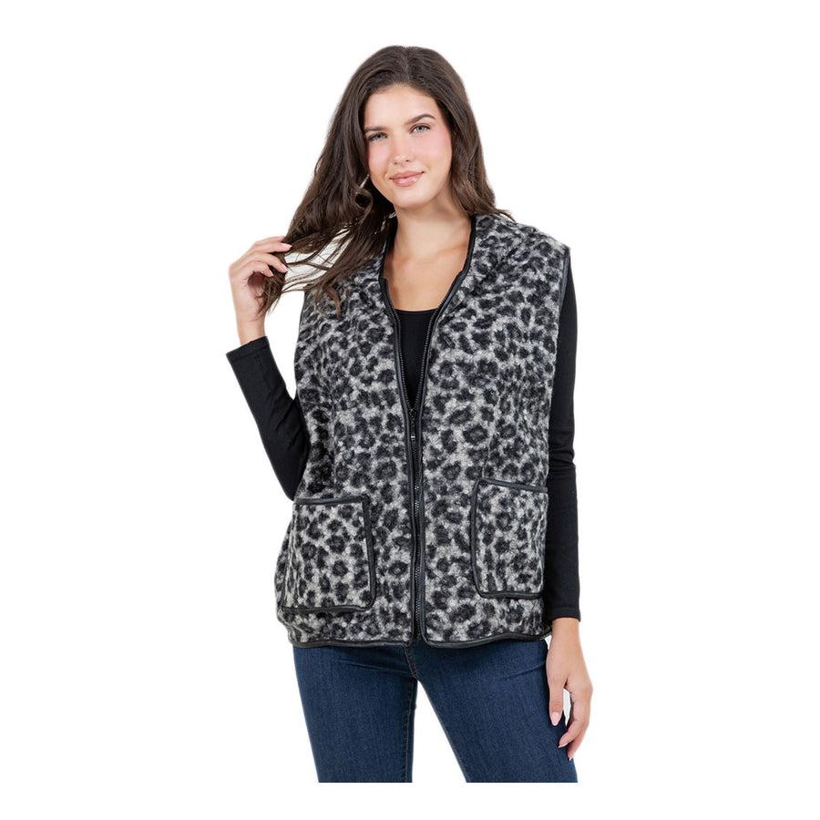 Sherpa Camel Leopard Print Zip Front Vest