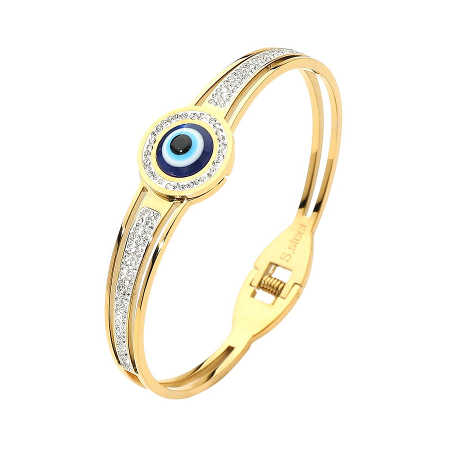 Gold CZ Stone Paved Evil Eye Accent Hinged Bangle Bracelet