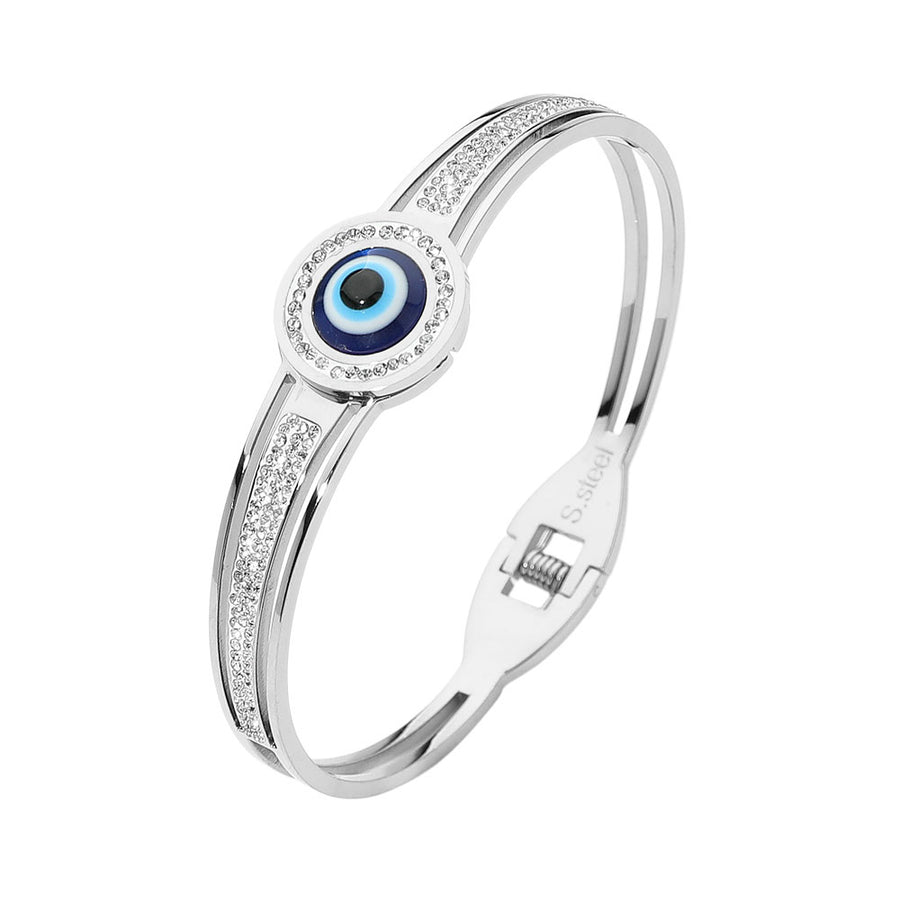 Gold CZ Stone Paved Evil Eye Accent Hinged Bangle Bracelet