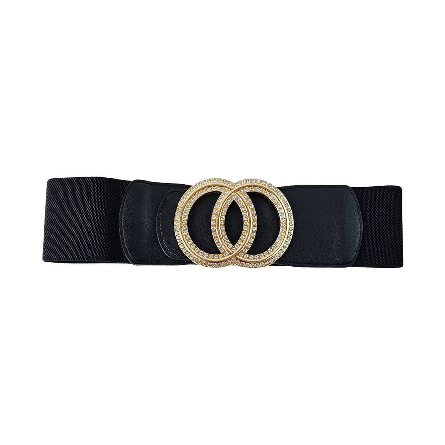 Black Double Gold Stone Ring Buckle Elastic Belt