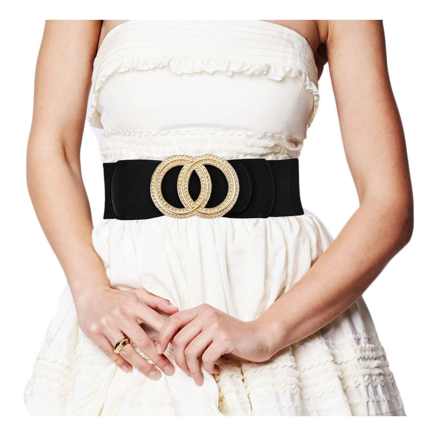 Black Double Gold Stone Ring Buckle Elastic Belt