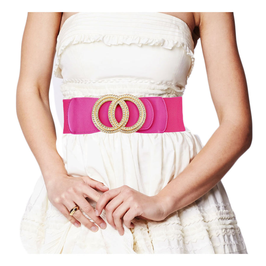 Black Double Gold Stone Ring Buckle Elastic Belt