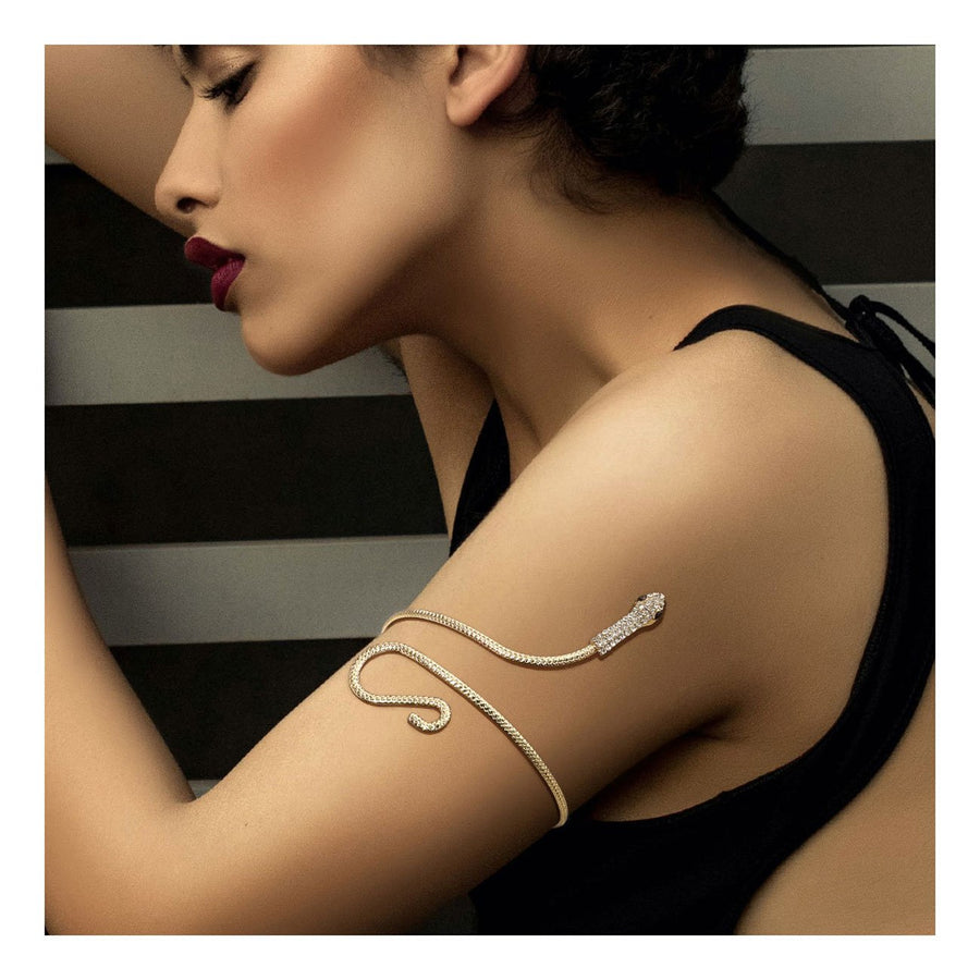 Gold Snake Stone Paved Wire Adjustable Arm Cuff Bracelet
