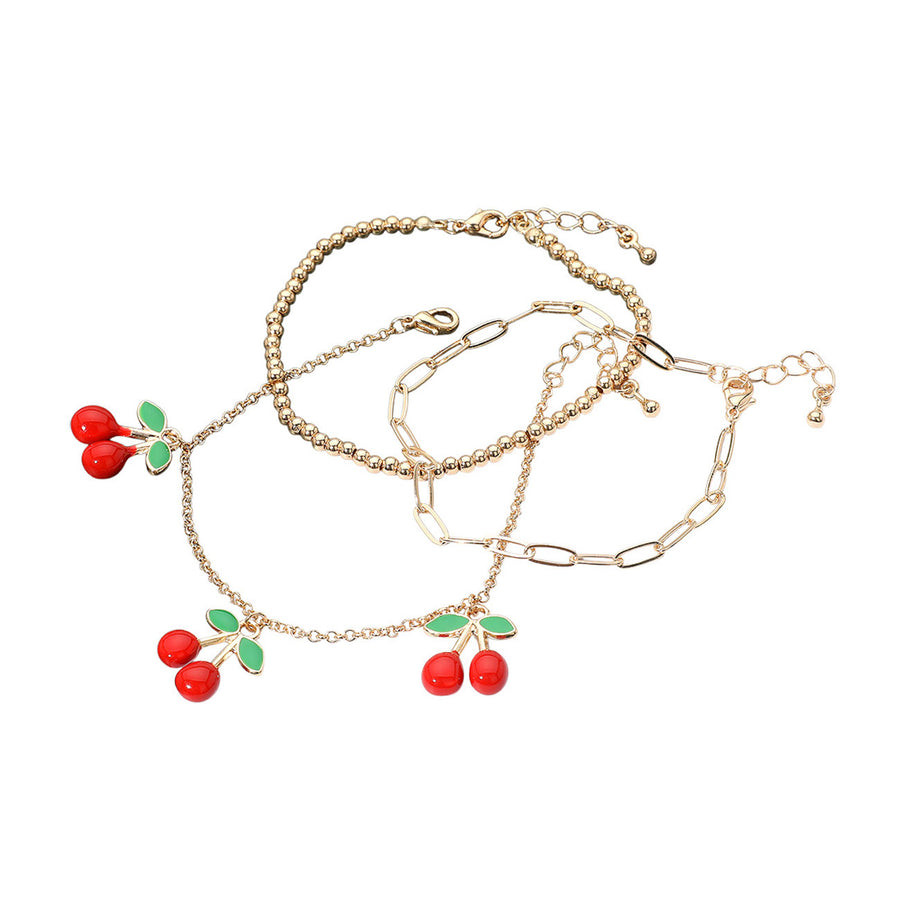 Set of Three Cherry Charm Station Bubble Paperclip Chain Layered Bracelets