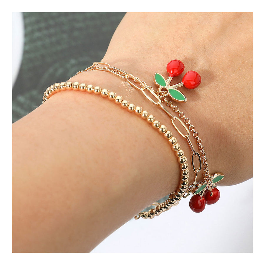 Set of Three Cherry Charm Station Bubble Paperclip Chain Layered Bracelets