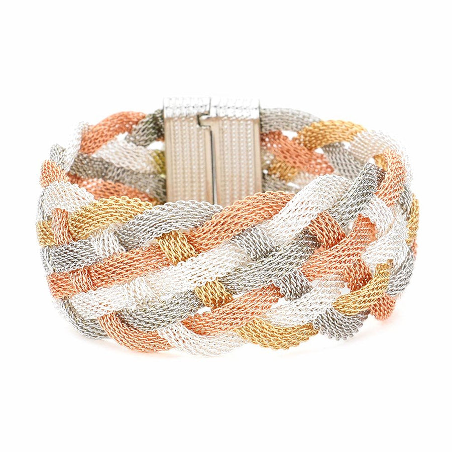 Stunning Silver Rose Gold Braided Metal Mesh Cuff Bracelet