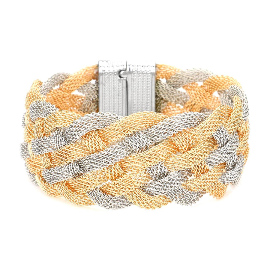 Stunning Silver Rose Gold Braided Metal Mesh Cuff Bracelet